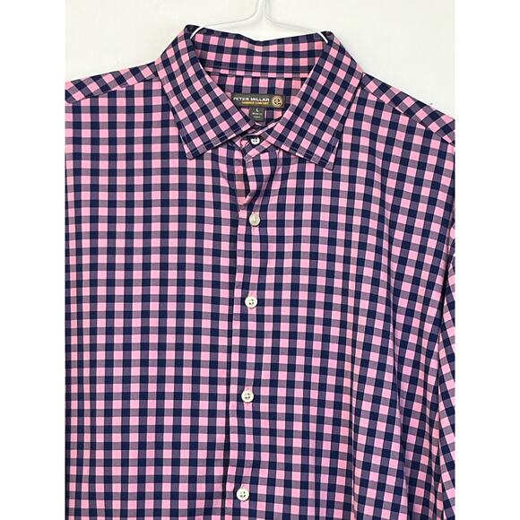 Peter Millar Men's Size Large Blue/Pink Checked Summer Comfort Long Sleeve Shirt - Picture 4 of 7